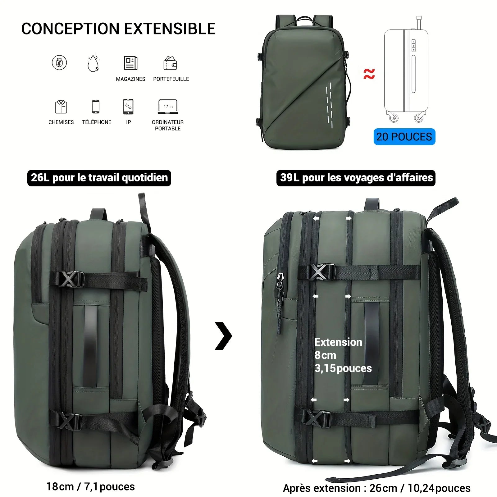 Sac à dos cabine à compression sous vide - 26L à 39L Sac cabine